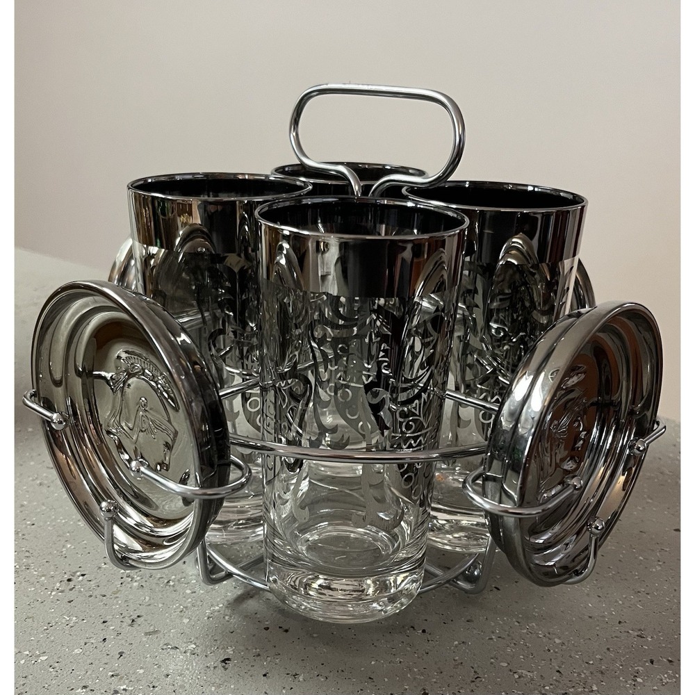 Vintage Kimiko Silver Crest MCM Barware Highball Glasses, Coasters & Caddy MINT
